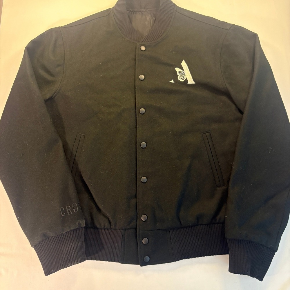 Wararie Boswell Justice Varsity Bomber Jacket Black Butterfly Logo Mens Large